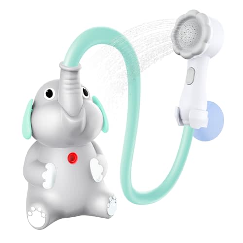 Baby Bath Shower Head for Kids Ages 1-3 Essentials, EDCREATY Rechargeable Cute Elephant Sprays Bathtub Toys with Rubber Hose Spout for 0 6 12 18 Months Babies Toddlers Infants Boys and Girls(Cyan)
