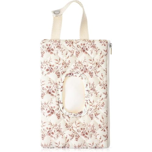 1 Pcs Quilted Diaper and Wipes Pouch Portable Hanging Floral Wet Wipe Bag Diaper Bag Reusable Wipes Pouch for for Stroller Car Travel Infant Diapering Organizer (Beige Floral)