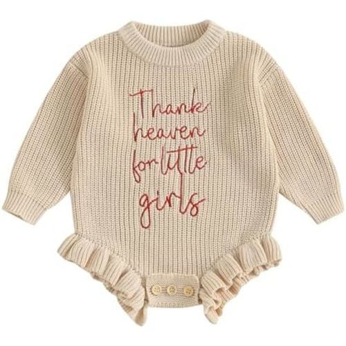 Infant Baby Girl Sweater Romper Embroidery Long Sleeve Ruffle Chunky Knit Sweatshirt Rompers Fall Winter Clothes