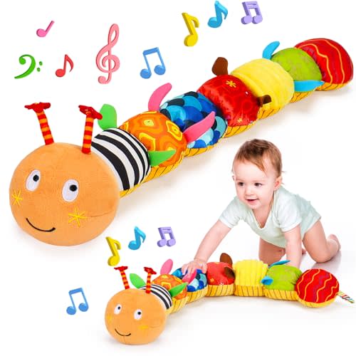 Baby Sensory Caterpillar Toys 0-3 Month Music Animal Stuffed Plush Toy for Infant 0-3-6-12 Month Tummy Time with Crinkle Rattle for Newborn 9-12 Month Texture Toy for Boy Girl Birthday Shower Gifts