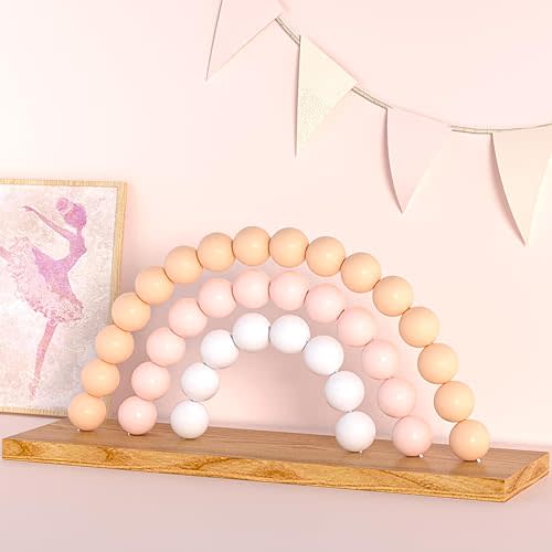 Rainbow Shelfie Pink and White Wood Bead Nursery Decor - Cute Girls Room Decoration, Boho Bookshelf Decor for Kids Nursery, Playroom, or Bedroom