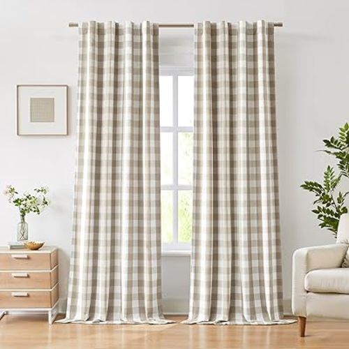 Beige White Full Blackout Bedroom Curtain Panels 90 Inches Long,Buffalo Plaid Room Darkening Drapes for Living Room,Thermal Insulated Window Treatment,Rod Pocket Back Tabs,40" Wx90 Lx2