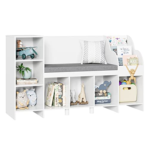 HOUSUIT 55" Kids Bookshelf with Reading Nook, Bookcase with Seat Cushion and Storage Cubbies, Kids Reading Nook with Adjustable Shelf, Toy Organizers and Storage with Bench for Playroom, White