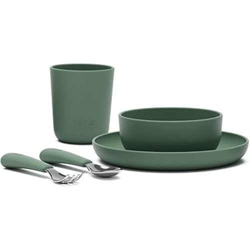 Lalo Big Bites Kids Dinnerware Starter Set - Dishwasher Safe, BPA Free, Kids Tableware Set - Includes Stackable Bowl, Plate, Utensils & Cup - 5 Pieces - Olive