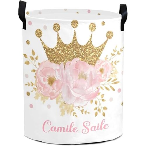 Personalized Laundry Baskets Bin,Pink Floral Gold Crown Princess Laundry Hamper with Handles, Collapsible Waterproof Clothes Hamper,Storage for Bedroom, Bathroom, Toys 50L