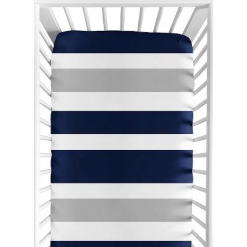 Sweet Jojo Designs Gender Neutral Baby Fitted Crib Sheet Stripe Navy Blue Grey And White