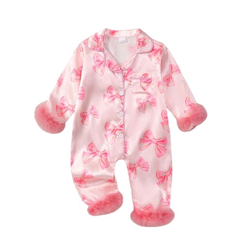 MAINESAKA Baby Girl Satin Pajamas Bow Print Silk Romper Pjs Long Sleeve Feather Trim Button Down One-Piece Sleepwear Jumpsuit