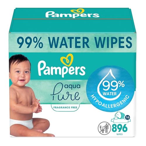 Pampers Aqua Pure Sensitive Baby Wipes, 99% Water, Hypoallergenic, Unscented Baby Wipes, 896 Baby Wipes Total (16 Flip-Top Packs) - 56 Count (Pack of 16)
