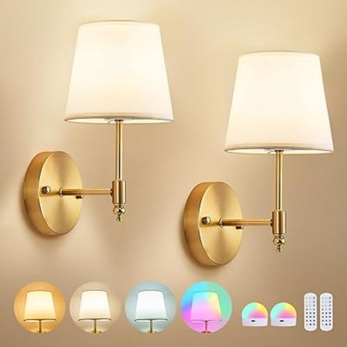 Battery Operated Wall Sconce Set of 2,Gold Wireless Wall Light with Remote Control,RGB Dimmable Wall Sconces Set of Two 15 Colors,Rechargeable Bulbs Cordless Lamp for Bedroom Living Room