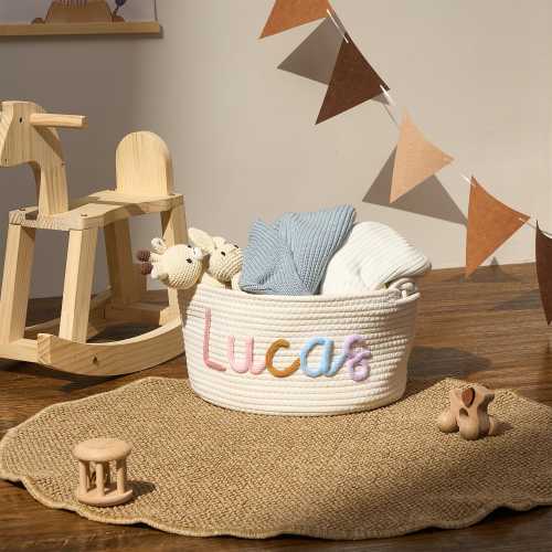 Custom Baby Name Basket, Montessori Baby Woven Basket, Cotton Rope Nursery Basket, Toy Name Basket, Monogram Baby Basket, Newborn Gift