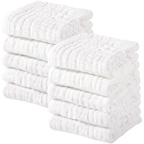 Muslin Baby Washcloths 100% Cotton Face Towels 10 Pack Wash Cloths for Baby 12x12in Soft and Absorbent Baby Wipes by Yoofoss (White)