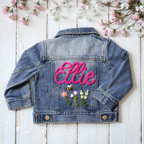 Personalized Hand Embroidered Floral Initial Denim Jacket,Costume Cute Baby Girls Jacket With Name,Baby Shower Gift,Baby Birthday Gift