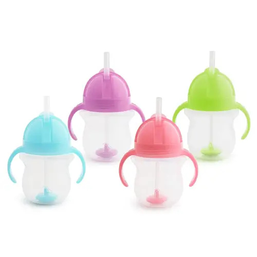 Munchkin Any Angle Sippy Cups for Toddlers, Spill Proof Weighted Straw Cup with Transition Handles for Babies 6 Months and Up, 4 Pack, Blue/Green/Pink/Purple