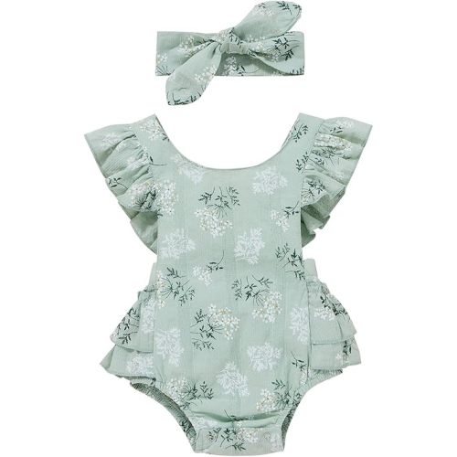 Baby Girls Floral Cotton Leotard Romper Newborn Daisy Playsuits Ruffled Sleeve Onesie Infant Jumpsuit Clothes Headband