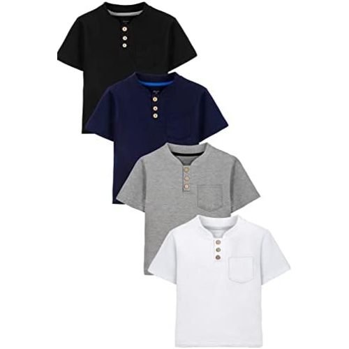 Poroka 4 Pack Toddlers and Boys' Cotton Short-Sleeve T-Shirts Pocket Button Crew Neck Tee Short-Sleeve Shirts