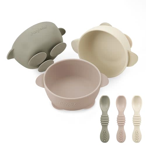 PandaEar 3 Pack Silicone Suction Baby Bowls & 3 Baby Feeding Spoons | Non-Slip Stay Put Bowls & Soft Silicone First Stage Spoons for Toddlers, BPA-Free Baby Led Weaning Set