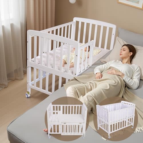 Flwrgirl Baby Bassinets Bedside Sleeper - Portable Pine Wood Bedside Bassinet,with Mattress and Breathable Liner,3 Heights Small Mini Crib,Baby Crib for Newborns 0-18 Months,White