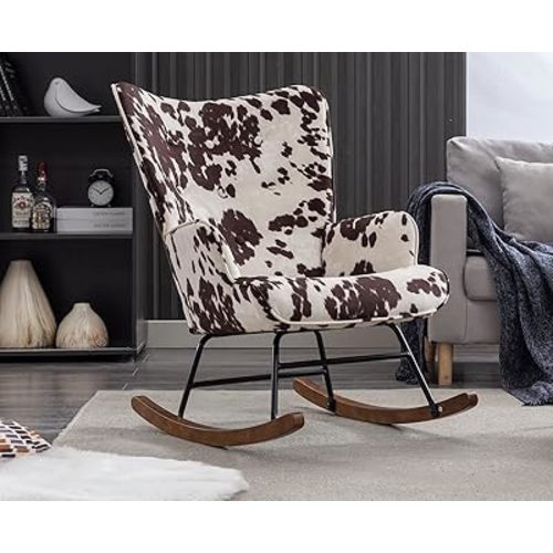 Modern Nursery Rocking Chair with Armrest, Upholstered Lazy Chair Tufted Side Chair Padded Reading Chair Comfy Club Chair Accent Chair for Living Room Bedroom Office Small Spaces, Cow