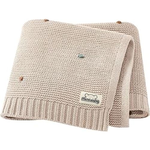 mimixiong Cotton Baby Blanket Gender Neutral Nursery Swaddling Blanket for Shower Gift Registry for Baby with Cute Pompoms Khaki