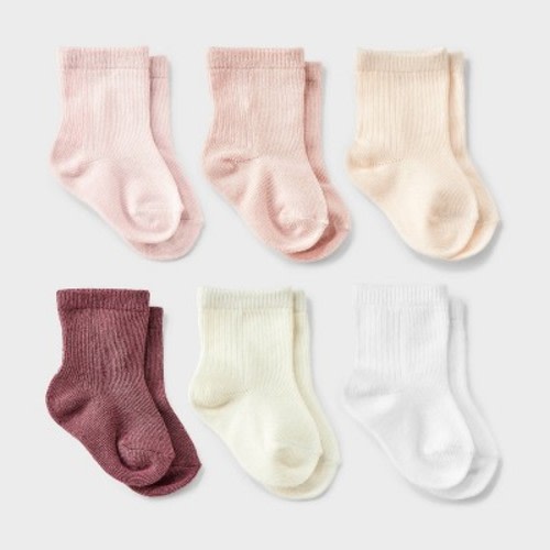 Baby Girls' 6pk Crewneck Socks - Cloud Island™ Pink/White 0-3M