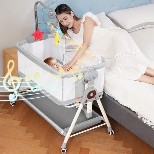 MEICHYUN Baby Bassinet, Rocking Bassinet, 3 in 1 Bassinets Bedside Sleeper with Musical Toys, Bedside Bassinet for Baby with Storage Basket and Wheels, Adjustable Bedside Crib for Newborn (Grey)