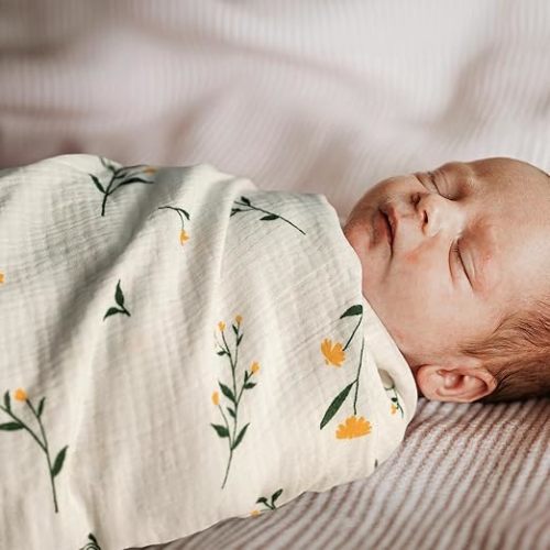 GLLQUEN BABY 2-Pack Muslin Swaddle Blankets for Unisex, Baby Swaddle Blanket for Boys and Girls, Soft Breathable Receiving Blankets Neutral, Newborn Essentials, Registry & Gift - Green & Flower - B- 2 Pack