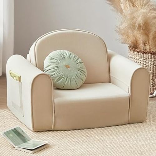 Tiny Land 2-in-1 Foldable Kids Couch with Pockets – Soft Thick Toddler Sofa, Lounger Couch, Convertible Kids Chair for Playroom, Bedroom or Living Room, Gift for Boys & Girls(Beige)