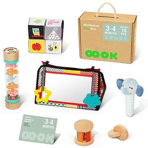 Montessori Toys for Babies 0-6 Months, 7 in 1 Learning Educational Set Newborn Toys (Includes Tummy Time Toys,Beaded Raindrops,Fabric Blocks,Rolling Drum,interocking Discs)