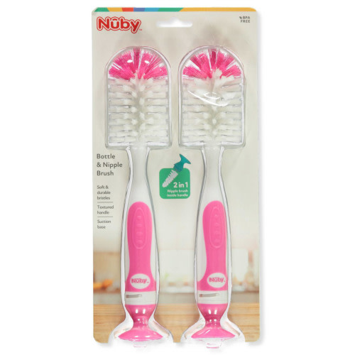 Nuby Baby 2-Pack 2-In-1 Bottle Brushes With Suction Base - fuchsia, one size