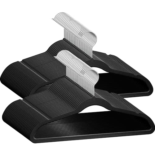 TechZoo 50 Premium Kids Velvet Hangers - 14" Non-Slip Clothes Hangers for Kids & Preteens - Ultra Slim, Space-Saving, Strong & Durable Hangers with 360° Swivel Hook - Black