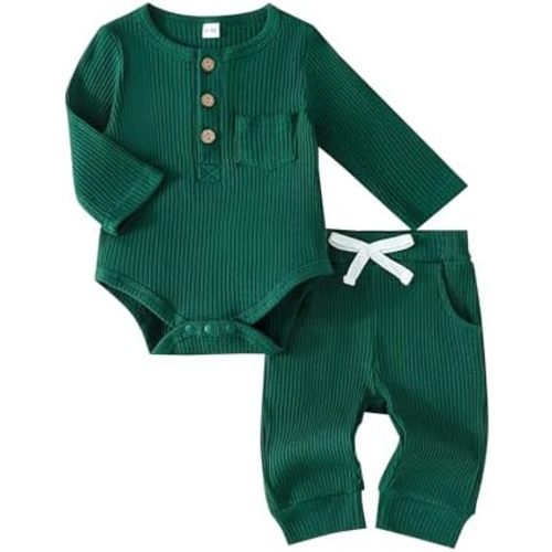Newborn Baby Boy Girl Clothes Ribbed Knit Cotton Long Sleeve Romper Long Pant Preemie Solid Color Unisex Outfits