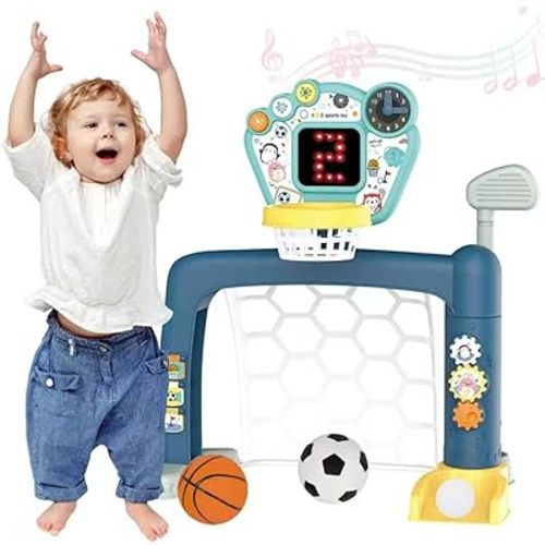 2026 Updated 4 in 1 Adjustable Basketball Hoop Soccer Goal for Toddlers 1-3,Kids Sports Toys with Golf Toy, LED Scoreboard, Music & Educational Games,Indoor & Outdoor Baby Activity Center