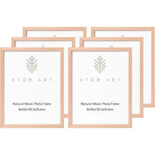 ATOBART 8x10 Solid Wood Picture Frames, 6 Pack OAK Photo Frame Set with Real Glass Cover, Natural Wood Color Frames, for Wall Mounting or Tabletop Display