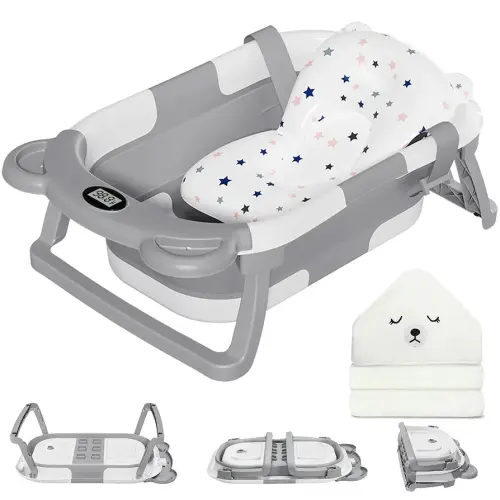 MoreFeel Collapsible Baby Bathtub for Newborn with Thermometer & 1 Hooded Towel & 1 Soft Floating Cushion,Portable Travel Bathtub with Drain Hole, Durable Foldable Baby Tubs for Infants to Toddler