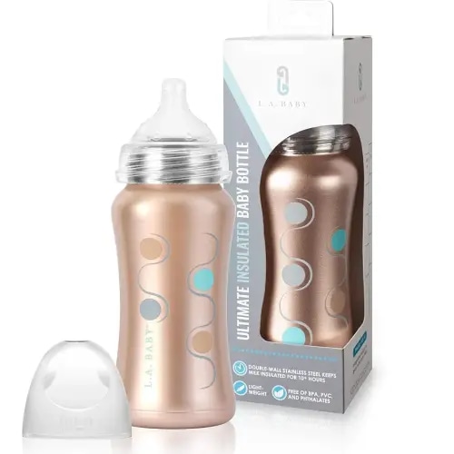 Stainless Steel Baby Bottle 9oz Insulated Baby Bottle | Insulate Milk for 10+ Hours | Non-Toxic Food-Grade Stainless Steel & Food-Grade Silicone Slow Flow Nipple | Leak-Free Design - Rose Gold