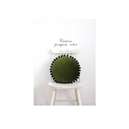 Moss Green Velour Cushion With Pompoms | Luxury Sofa Pillow | Boho Pillow | Velvet Vintage Cushion | Kids Room Pillow | Round Soft Pillow