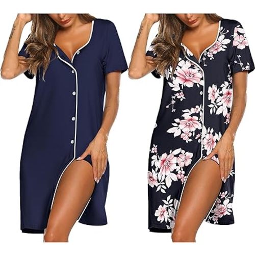 Ekouaer Nightgowns for Women 2 Pack Button Down Sleepshirt Short Sleeve Nightshirt Soft Sleepwear V Neck Pajama Dress