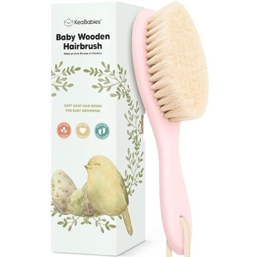 Wooden Baby Hair Brush for Toddler Girls, Boys - Infant Cradle Cap Brush, Newborn Baby Comb, Soft Goat Bristles Comb for Newborn Girl, Boy Hair, Scalp, Styling, Bath Essentials (Blush, Regular)