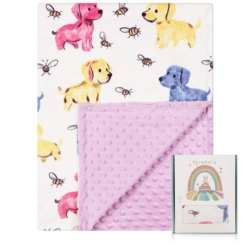VivaCozy Baby Blankets for Girls Boys Neutral with Dog Bee Purple Design Super Soft Lightweight Blanket for Infant Toddler Nursery Crib Newborn with Double Layer Dotted Backing 30 x 40 Inch