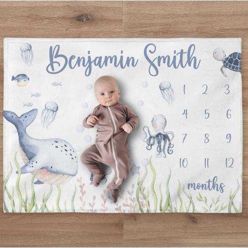 Ocean Milestone Blanket, Custom Baby Boy Under the Sea Baby Name Blanket, Personalized Underwater Turtle Whale Fish Blanket Baby Shower Gift
