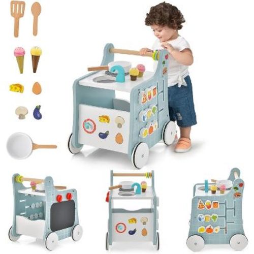 Costway 6 In 1 Wooden Play Kitchen Playset Toddler Push Learning Activity Walker With Wheels Shape Sorter Movable Slider