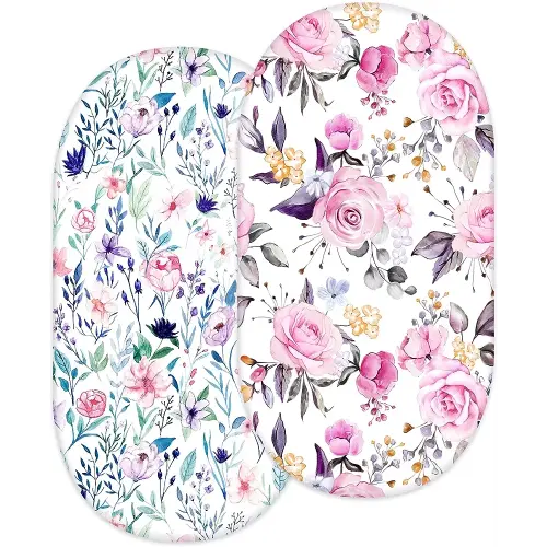 Bassinet Sheet 2 Pack Ultra Stretch Bassinet Fitted Sheet for Baby Girls Boys, Soft Jersey Knit Universal Snug Fits Rectangle, Oval and Hourglass Bassinet Pad/Mattress, Stylish Floral