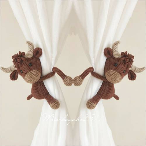 Baby Bull, Animal tieback, Amigurumi tieback, Cow tieback, Baby bull crochet, crochet cow Tie Back, Nursery Curtain Tie Back,(Made to order)