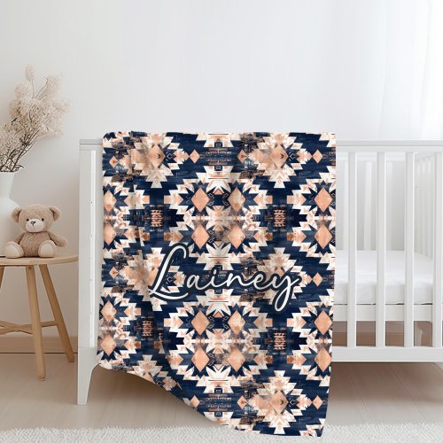 Rose Gold/Navy Aztec Minky/Sherpa Blanket with or without Name, Boho Baby Blanket, Personalized Custom Baby Blanket, Western Nursery Kid