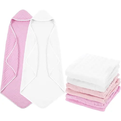 Peryiter 8 Pack Muslin Hooded Baby Bath Towels and Wash Cloth Set Soft Cotton Gauze Baby Hooded Bath Towel Wipes Absorbent Bath Face Towels Burp Cloths Face Towels for Girl Boy(Pink Series)