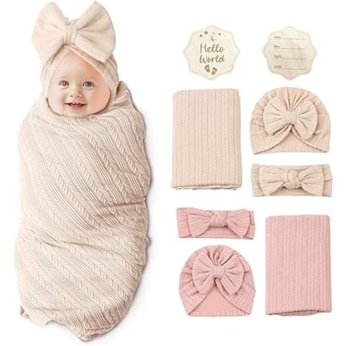 Newborn Receiving Blanket Toddler Warm with Bow Hat Headband Wooden Card Set Wheat-Pattern Newborns Toddler Baby for Baby Girls Boys Nursery Swaddle Wrap me 0-3 Month (2PC Pink & Khaki)