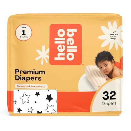 Hello Bello Diapers, Size 1 (8-12 lbs) Superstars, 32 Count of Premium Disposable Baby Diapers, Hypoallergenic with Soft, Cloth-Like Feel