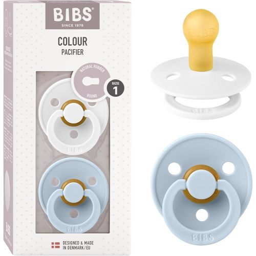 BIBS Pacifiers Colour Collection, Set of 2 BPA-Free Baby Pacifiers with Round Natural Latex Nipple, Made in Europe, 0+ Months (Pack of 2), Baby Blue/White