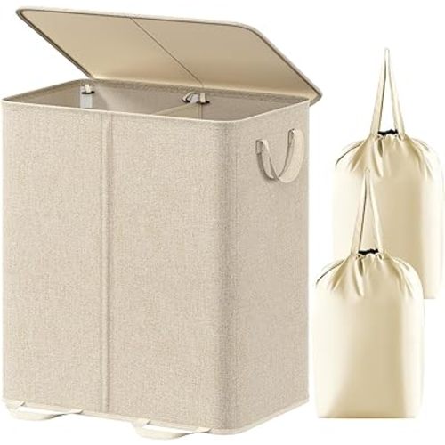 Lifewit Double Laundry Hamper with Lid and Removable Laundry Bags, Large Collapsible 2 Dividers Dirty Clothes Basket with Handles for Bedroom, Laundry Room, Closet, Bathroom, College, 136L Beige