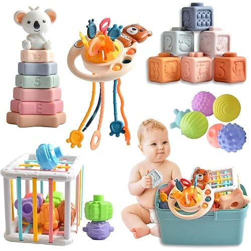 Baby Toys for 6 to 12 Months(27PCS),Montessori Sensory Toy for Toddlers 1-3, Baby Bath Toy, 6 in 1 Soft Stacking Blocks Set, Pull String Toy, Infant Learning Toys Gift
